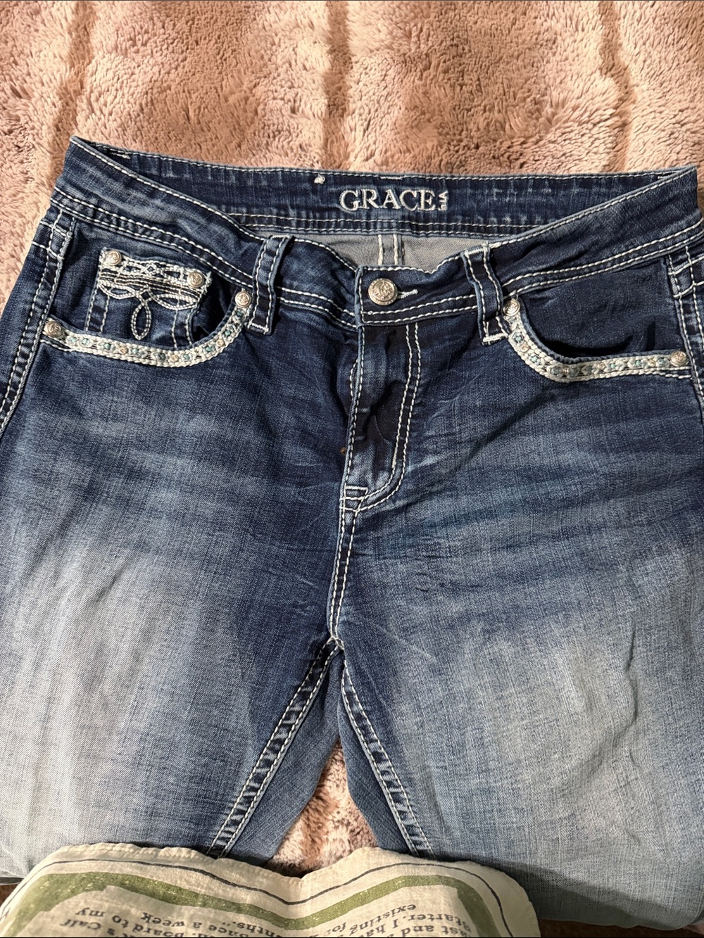 Grace Distressed Blue Women's Jeans with Embellished Pockets